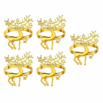 Image of 5 Pcs Christmas Napkin Rings, Reindeer Buckle Alloy Ring, Gold Elk for Table Decor, Wedding, Xmas, Party Dinner, Thanksgiving