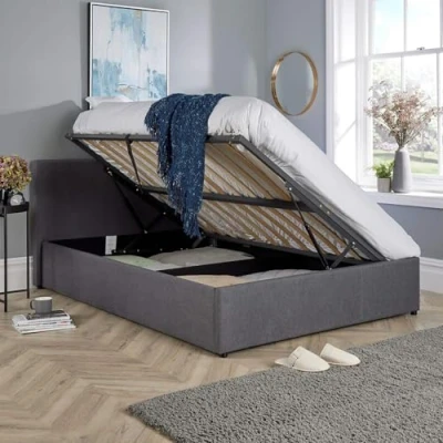 Image of Home Source Grey Fabric Ottoman Bed with Mattress Bundle, Side Gas Lift Storage Headboard, Memory Foam Comfort, Hybrid Spring Ergonomic Support, 4ft6 Double, Engineered Wood
