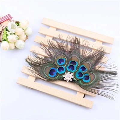 Image of RUNHENG Handmade Feather Peacock Hair clip, Natural Fascinator Barrette with Crystal and White Pearl