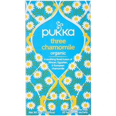 Image of Pukka Herbs Three Chamomile Organic Herbal Tea Box Infusion With African, Egyptian &amp; European Perfect For Calming Caffeine Free 4 Packs 80 Plant Based Biodegradable Bags