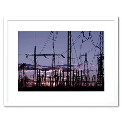 Image of Wee Blue Coo Photo Electricity Pylons Silhouette Power Energy Sunset Framed Wall Art Print