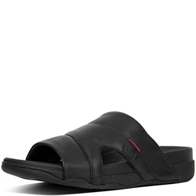Image of Fitflop Men&#039;s Freeway Pool Slide in Leather Open Toe Sandals, Black (Black), 9 UK (43 EU)
