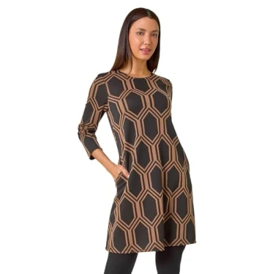 Image of Roman Originals Tunic Dress with Pockets for Women UK Ladies Swing Fit &amp; Flare Skater Slouch Stretchy Casual Smart Winter Jersey Pull On Relaxed Work Office 3/4 Long Sleeves Tan Size 20