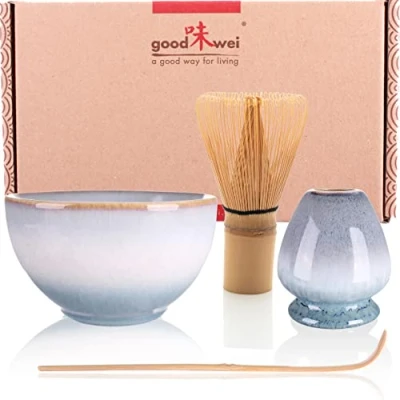 Image of Goodwei Premium Matcha Tea Set Ceremonial Bowl Chawan, Whisk and Holder + Gift Box (Moya, 80)