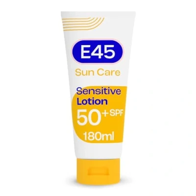 Image of E45 Sun Body Lotion For Sensitive Skin. Hydrating Cream with very high UVA and UVB protection SPF 50+. Dry Skin, Skin Eczema Prone 180 ml