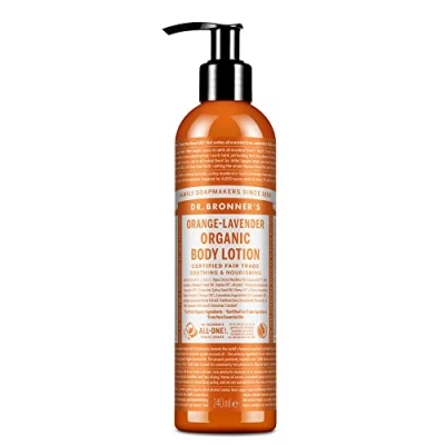 Image of Dr Bronner&#039;s 3 in 1 Orange &amp; Lavender Organic Hand and Body Lotion, Made with Oils, Used for Hands, Face Body, Certified Fair Trade Vegan Friendly, 236ml Recycled Bottle