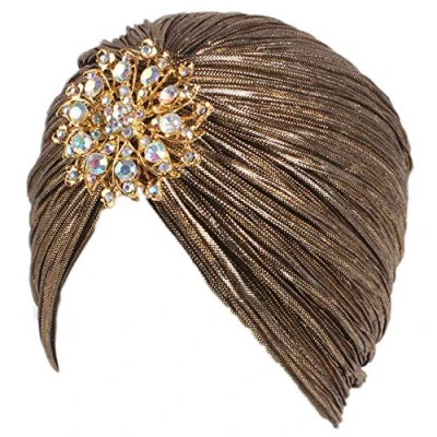 Image of EORUBE Vintage Turban Hat with Crystal Brooch Feather Headwraps for 1920s Gatsby Costume Cocktail Party (Brooch Style 1 Darkgold)