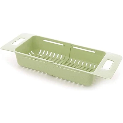 Image of Adjustable Dish Drainer Sink Drain Basket Washing Vegetable Fruit Plastic Drying Rack Suction (Green)