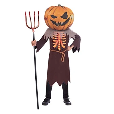Image of amscan 9907138 Unisex Kids Halloween Big Head Scary Pumpkin Jumpsuit Childs Fancy Dress Costume Age: 4 6 Years