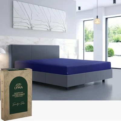 Image of LYMA Bedding Fitted Sheet Double, Deep Pocket 35CM, OEKO TEX Certified, Ultra Soft Nanoplush Double Brushed Quick Dry Fabric, Shrink Wrinkle &amp; Fade Resistant, Easy Care Elastic Bottom (Navy)