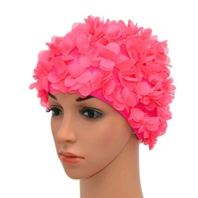 Image of Medifier Lace Vintage Swim cap Floral Petal Retro Style Bathing Caps for Women (Rose Red)