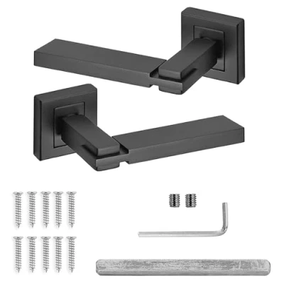 Image of Decoranddecor Alloy Door Handle Lever Set Black on Square Rose Modern (MattBlack)