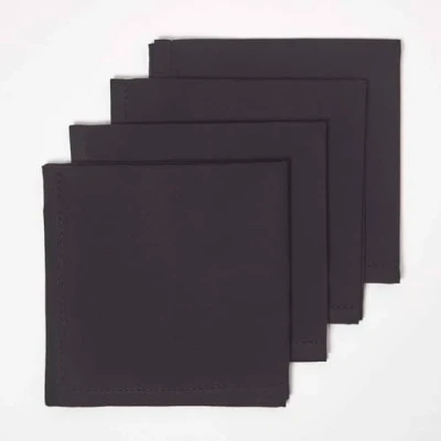 Image of Homescapes Four Black Napkins 100% Cotton 18 x Inch (45 45 cm) Easy care table Hand Woven Washable at 60 Deg C