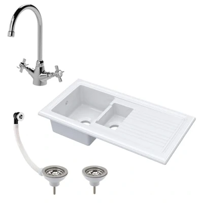 Image of 101cm 1.5 Bowl Fireclay Inset Kitchen Sink &amp; Drainer, Mixer Tap Wastes White