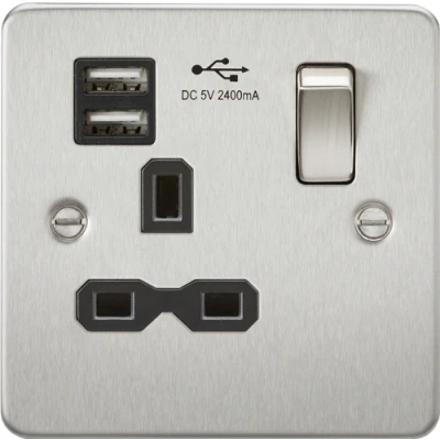 Image of KnightsBridge Flat plate 13A 1G switched socket with dual USB charger (2.4A) brushed chrome black insert