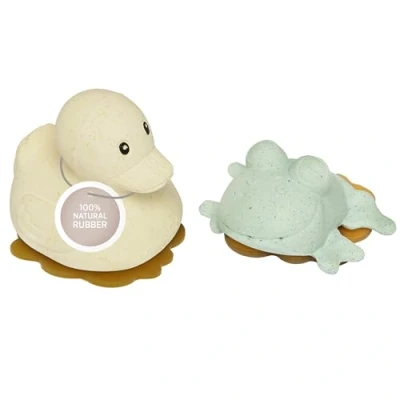 Image of Hevea Upcycled Rubberduck &amp; Frog (Sand Sage). Rubber, Plant Based, Plastic Free, Eco Friendly BPA Free