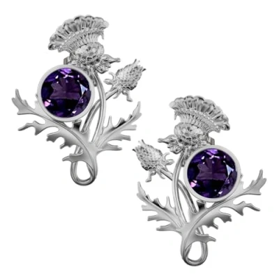 Image of CAIRN Scottish Sterling Silver Thistle Stud Earrings With Amethysts Ross. Jewellery Gift Box Included. 6141