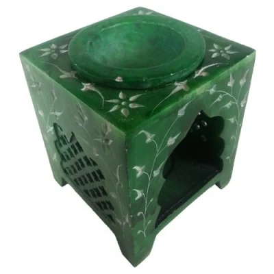 Image of Green Elven Square Jali Soapstone Essential Oil Burner/Aromatherapy Burner Medium