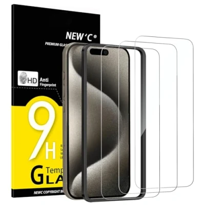 Image of NEW&#039;C Pack of 3 Tempered Glass Screen Protector for iPhone 15 Pro Max (6.7 Inches) Anti Scratch Film Ultra Resistant HD Clear Easy Installation Tool Included