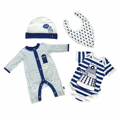 Image of Doctor Who DW Boy&#039;s Kids Children 4 Piece Starter Set Hat BIB Bodysuit Baby Grow BBC Official Merchandise (4 Set) 100% Cotton (9 12 Months)
