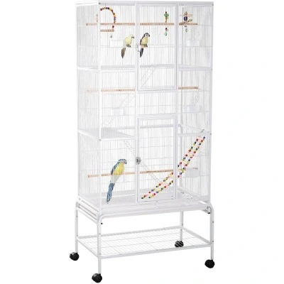 Image of PawHut Large Bird Cage Budgie 3 Tier Aviary with Stand Wheels, Toys, Ladders, Shelf for Canaries, Finches, Cockatiels, Parakeets White