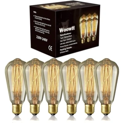 Image of Woowtt Edison Light Bulb 6 Pack Classic Antique Style Dimmable Amber Warm ST64 40W