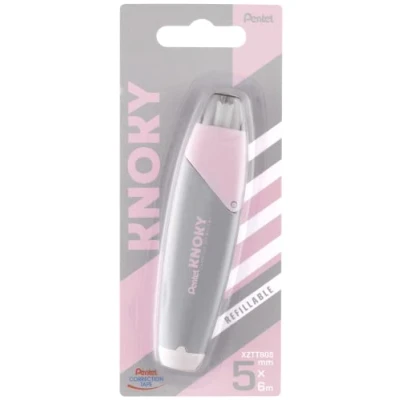 Image of Pentel XZTT805N WY Knoky Correction Tape with Push Mechanism, Ergonomic Shape, Refillable, Length 6 m, Width 5 mm, Casing Colour: Grey, 1 Item on Blister Card
