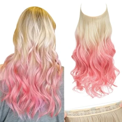 Image of SARLA Hair Extension 18 Inch Invisible Adjustable Wire Piece Curly Wavy Long Synthetic Hairpieces for Women Natural Heat Temperature Fiber (18 (Pack of 1), Beach Blonde to Pink)