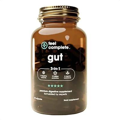 Image of Feel Complete Gut 3 in 1 Premium Digestive Supplement Probiotics &amp; Enzymes Prebiotics Health Vegan Made The UK 60 Capsules