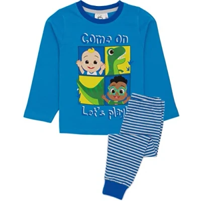 Image of CoComelon Boys Pyjama Set Kids Blue Dinosaur JJ &amp; Cody Loungewear T Shirt Pants PJ Bundle Come on Let&#039;s Play Long Sleeve Tee Leg Bottoms Pajama Nightwear Merchandise Gift for Children