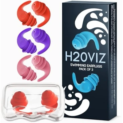 Image of H20VIZ Pro Swim Ear Plugs 3 Pairs Waterproof, Reusable Silicone Earplugs for Swimming, Surfing, Snorkeling &amp; All Water Sports (Coral, Pink, Purple, Pairs)