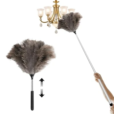 Image of Feather Duster Extendable, Ostrich for Cleaning Extra Long High Ceilings Lights Cupboards 120cm