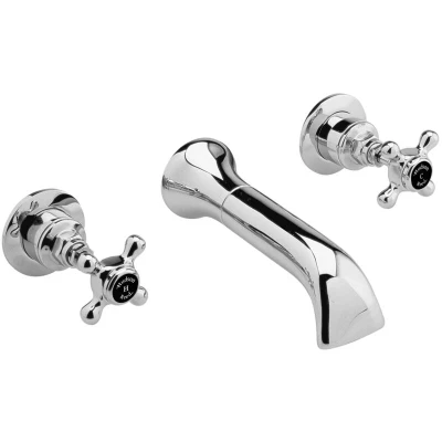 Image of Hudson Reed Old London BC417HX Topaz Traditional Bathroom 3 Hole Wall Mounted Basin Mixer Tap with Crosshead Handles and Hexagonal Collars, 55mm x 180mm, Chrome/Black, 3TH