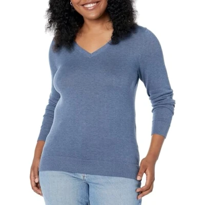 Image of Amazon Essentials Women&#039;s Classic Fit Lightweight Long Sleeve V Neck Jumper (Available in Plus Size), Blue Heather, XXL