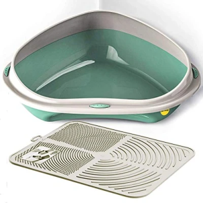 Image of Cat CENTRE Green Large Corner Litter Tray + Cream Nonslip Mat Set Box Loo Toilet Kitten Pad