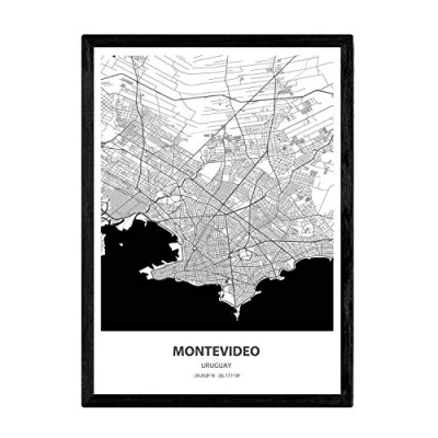 Image of Nacnic Poster with map of Montevideo Canada. Sheets US cities seas and rivers in black color. A4 size frame