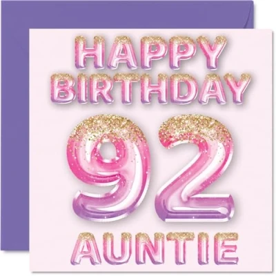 Image of 92nd Birthday Card for Auntie Pink &amp; Purple Glitter Balloons Happy Cards 92 Year Old Aunt Aunty from Nephew Niece, 145mm x Bday Greeting Gift