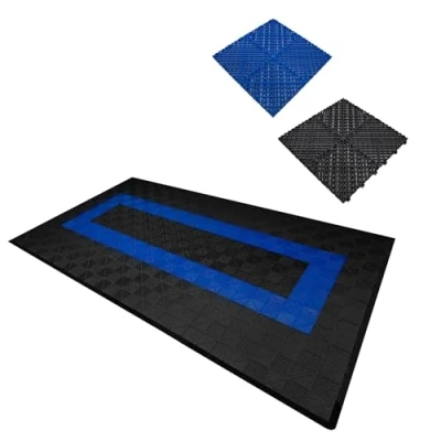 Image of Vented Modular Interlocking Flooring Tiles &amp; Edges 90 Black 30 Blue Single Garage Heavy Duty Floor Mat Showroom Workshop Outdoor Polypropylene Anti Slip Weather Resistant Drainage 3.2m x 6m 19.2m2