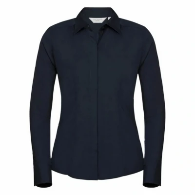 Image of Russell Athletic Collection Ladies/Womens Long Sleeve Poly Cotton Easy Care Fitted Poplin Shirt (French Navy) Multicolour Size Large