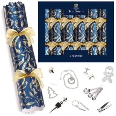 Image of Tom Smith Pack 6 Signature Blue &amp; Gold Mistletoe Eco Charity Christmas Crackers