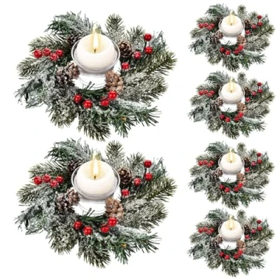 Image of KAHEIGN 8Pcs Christmas Candle Rings, 20CM Artificial Red Berries Pinecones Wreath Snowy Pine Needles Holder for Pillars Rustic Wedding Centerpiece Front Door Table Party Decoration