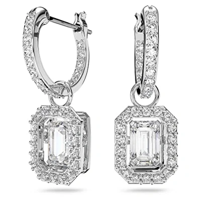 Image of Swarovski Millenia Drop Earrings, Octagon Shaped, Violet and Clear Coloured Crystals in a Rhodium Plated Setting, from the Collection