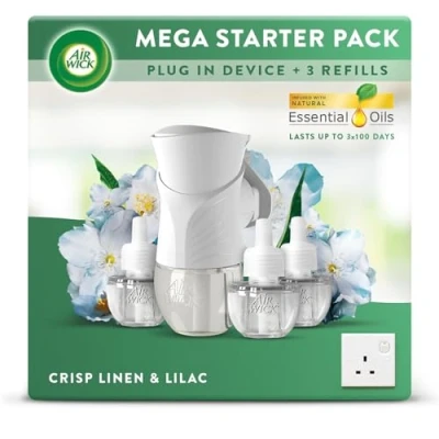 Image of Air Wick Plug in Diffuser Kit, Crisp Linen and Lilac, 1 Device &amp; 3 Refill (19ml), Long Lasting Fragrance, Lasts up to 300 days, freshener