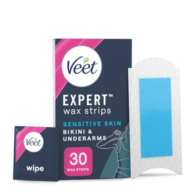 Image of Veet Expert Bikini Wax Strips, 30 Strips + 3 Finish Wipes, Underarm Brazilian Sensitive Almond Oil, Dermatolgically Tested, Waxing, Hair Removal