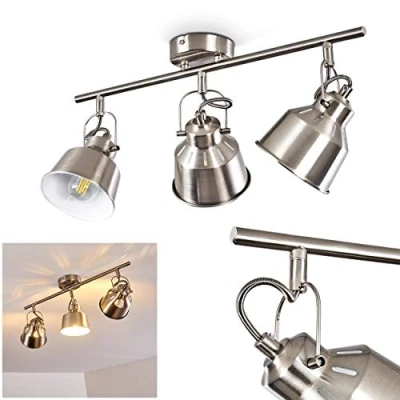 Image of Ceiling Light Safari, Metal lamp in Brushed Steel/White, 3 Flame, with Adjustable spotlights and Effect, x E14 Socket, Retro/Vintage Design Spotlight, Bulbs not Included