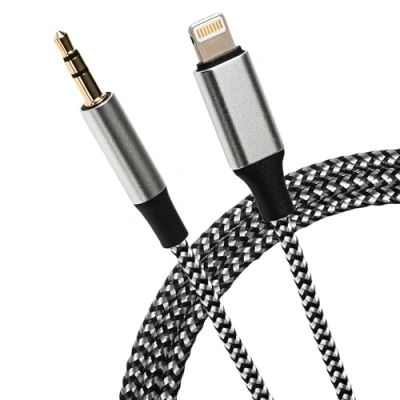 Image of Maplin Lightning to 3.5mm Aux Stereo 3 Pole Jack Plug Braided Cable, 1m Silver