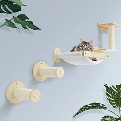 Image of SONGWAY Wall Mounted Cat Shelf Wood Bed with 2 Steps, Scratcher, Modern Furniture, Hammock, Shelves and Perches for Climbing, Sleeping Lounging