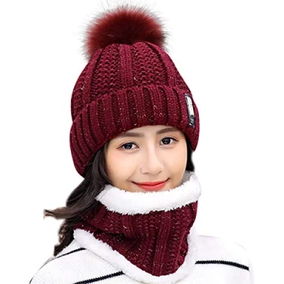 Image of HIDARLING Women Winter Hat Pom Ski Bobble Cap Knitted Beanie with Fleece Liner (Red Wine)