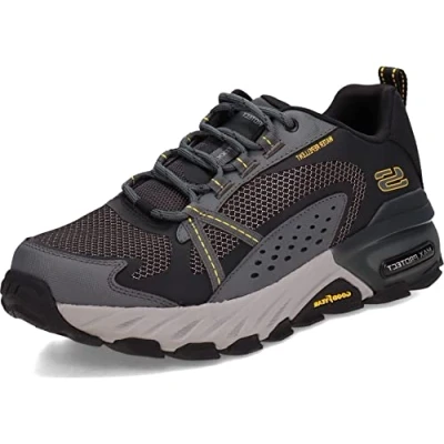 Image of Skechers Men&#039;s Max Protect Walking Shoe, Black Leather Synthetic Mesh Charcoal Trim, 7 UK