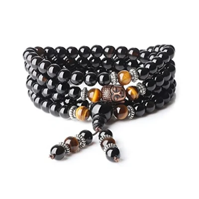 Image of COAI 6mm Onyx Tiger Eye Genuine 108 Mala Beads Stones Buddha Bracelet Necklace